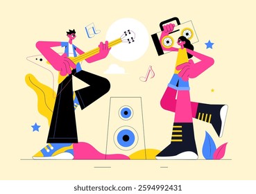 Music Entertainment Vector Illustration featuring People Playing Various Musical Instruments with Musicians Performing Live on Stage in a Background