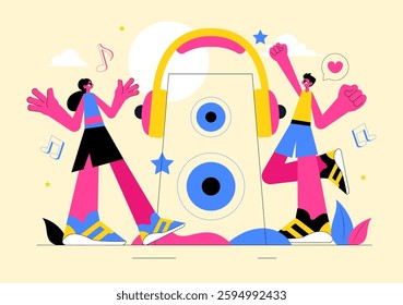 Music Entertainment Vector Illustration featuring People Playing Various Musical Instruments with Musicians Performing Live on Stage in a Background