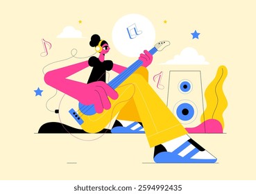 Music Entertainment Vector Illustration featuring People Playing Various Musical Instruments with Musicians Performing Live on Stage in a Background