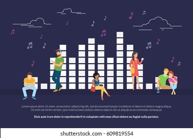 Music equalizer concept illustration of young men and women using devices such as laptop, smartphone, digital tablets for listening to music and relaxing. Flat design of people addicted to music