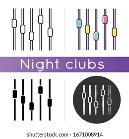 Music equalizer icon. Linear black and RGB color styles. Sound adjustment, volume and frequency control, audio equipment, stereo mixer. Night club music, DJ occupation. Isolated vector illustrations