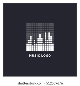 Music equalizer logo. Audio electronic icon. Music waves sign. Dj vector illustration. Black and white radio logo. Music app icon. Minimal player logo on dark background.