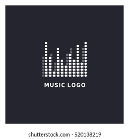 Music equalizer logo. Audio electronic icon. Music waves sign. Dj vector illustration. Black and white radio logo. Music app icon. Minimal player logo on dark background.