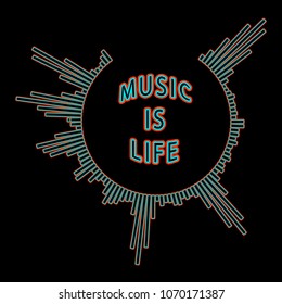  Music equalizer logo emblem design. Life is music illustration. Colorful dub time company concept on dark background.