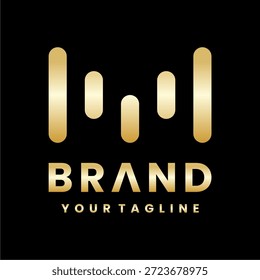 Design de ícone de logotipo do equalizador de música com ondas formando a letra M. O logotipo de áudio M é preto e dourado. Elegante e minimalista.