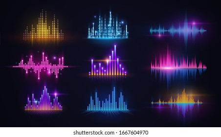 Music equalizer neon sound waves, audio digital technology vector design. Sound frequency spectrum abstract music wave patterns with blue, purple and yellow glowing light graphs svg