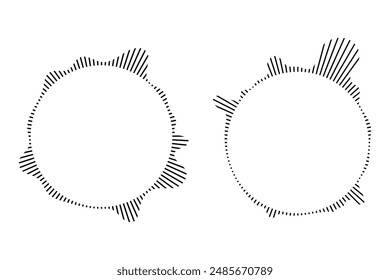 Music equalizer and sound wave. Circular sound waves, depicting audio music,icons and logos for equalizers, radial spectrum designs, ring patterns. Vector illustrations isolated on white background.