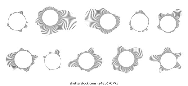 Ecualizador de música y onda de sonido. Ondas de sonido circulares, que representan música de audio, iconos y logotipos para ecualizadores, diseños de espectro radial, patrones de anillo. Ilustraciones vectoriales aisladas sobre fondo blanco.