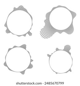 Musik Equalizer und Schallwelle. Kreisförmige Schallwellen, die Audio-Musik darstellen, Symbole und Logos für Equalizer, radiale Spektraldesigns, Ringmuster. Vektorillustrationen isoliert auf weißem Hintergrund.