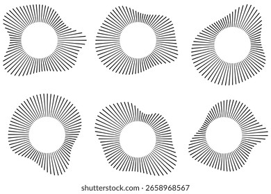 Ecualizador de música y onda de sonido. Ondas de sonido circulares, que representan música de audio, iconos. voz, iconos y logotipos para ecualizadores, patrones de anillo aislados sobre fondo blanco. Ilustraciones vectoriales. 
