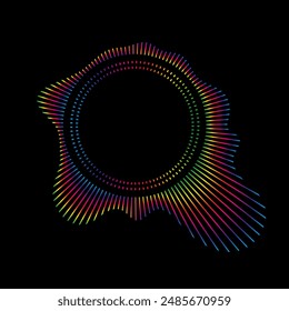 Ecualizador de música y onda de sonido. Vector de curvas radiales espectro de oscilaciones de ondas de radio. Onda de sonido de neón multicolor de círculos de audio.