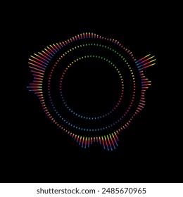 Music equalizer and sound wave. Vector of radial curves spectrum of radio wave oscillations. Multicolored neon sound wave of audio circles.