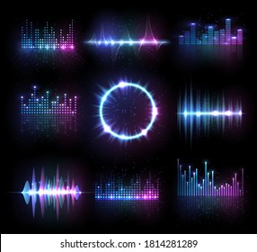 Musikäqualizer, einzelne Vektor-Audio- oder Radiowellen, Klangfrequenzlinien und Kreis. Signalform für digitale Player, HD-Technologie für Tune-Bar, Schallwellenrekorder-Signal. Songstudio-Pulsset