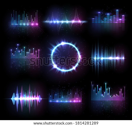 Music equalizers, isolated vector audio or radio waves, sound frequency lines and circle. Digital player display waveform, hud technology for tune bar, soundwave recorder signal. Song studio pulse set