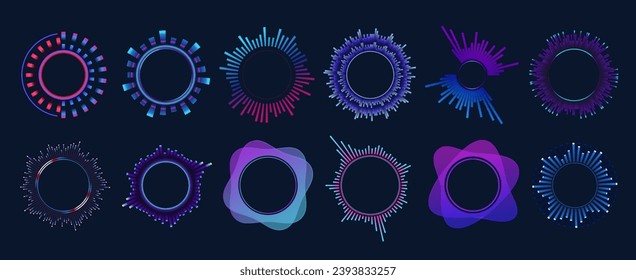 Music equalizers and sound waves. Vector set of radial curves represent variations in air pressure that create audible vibrations in different frequency ranges. Multicolor neon soundwave audio circles