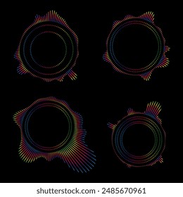 Music equalizers and sound waves. Vector set of radial curves spectrum of radio wave oscillations. Multicolored neon sound wave of audio circles.