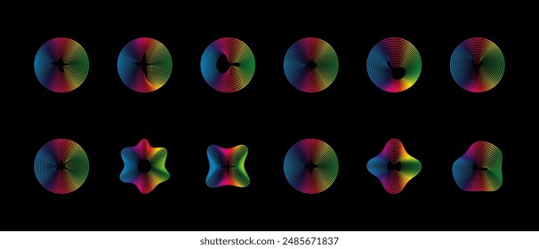 Music equalizers and sound waves. Vector set of radial curves spectrum of radio wave oscillations. Multicolored neon sound wave of audio circles.