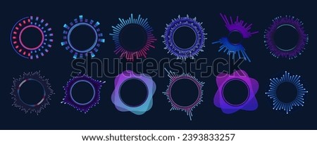 Music equalizers and sound waves. Vector set of radial curves represent variations in air pressure that create audible vibrations in different frequency ranges. Multicolor neon soundwave audio circles