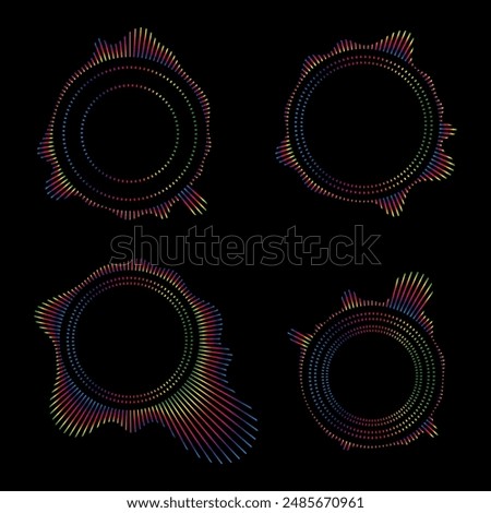 Music equalizers and sound waves. Vector set of radial curves spectrum of radio wave oscillations. Multicolored neon sound wave of audio circles.