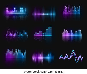 Music equalizers, vector audio or radio waves, sound frequency neon track lines. Digital player display waveform, hud technology for tune bar, soundwave recorder signal. Song studio pulse isolated set