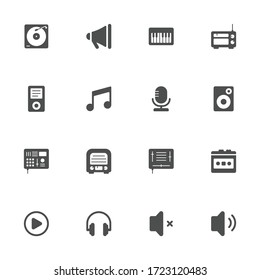 Music equipment flat icons in gray. Set of 16 pieces.