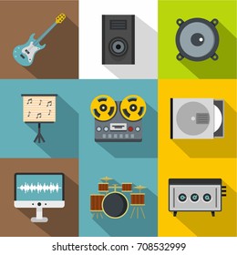 Music equipment icon set. Flat style set of 9 music equipment vector icons for web design