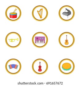 Music equipment icons set. Cartoon set of 9 music equipment vector icons for web isolated on white background