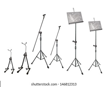 Music Equipment, An Illustration Collection of Music stand with Sheet Music, Microphone Stand and Guitar Isolated on White Background 