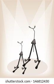Music Equipment, Illustration of Two Empty Guitar Stand or Violin Stand on Brown Stage Background with Copy Space for Text Decorated 