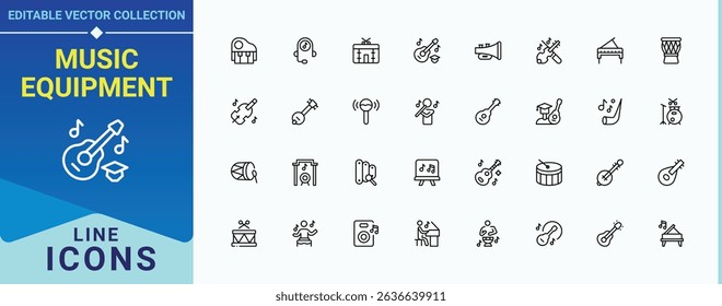 Music Equipment linear icon collection. Containing sound, concert, entertainment, guitar and more. Musical Instruments line icon set. Outline icons pack. Art and illustration.