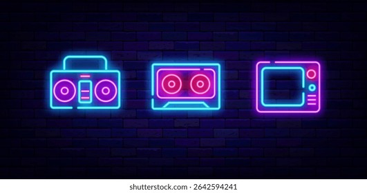 Music equipment neon labels collection. Cassette, player and tv. Retro digital objects. Vector stock illustration