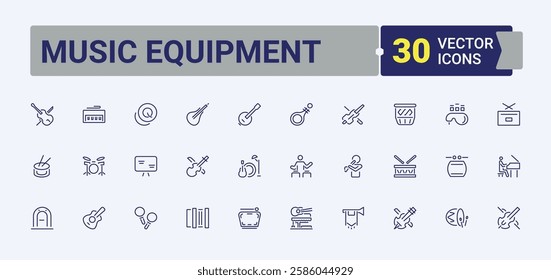 Music Equipment Postal and Digital Mail modern icons set. Includes icons for musical, music, electric, dj, entertainment and more. Icons for website. Editable vector stroke.