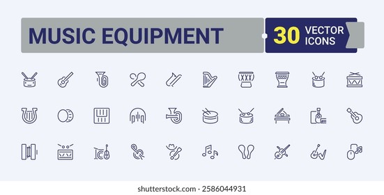 Music Equipment Postal and Digital Mail modern icons set. Includes icons for musical, music, electric, dj, entertainment and more. Icons for website. Editable vector stroke.