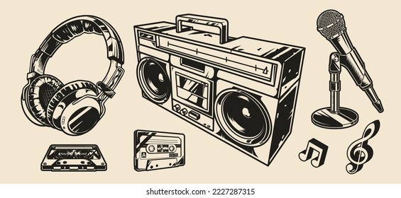 Equipo de música conjunto etiquetas monocromáticas grabadora de audio vintage y micrófono de escritorio con auriculares para la ilustración de vector de estudio de grabación