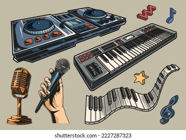 Music equipment set stickers colorful vintage DJ mixer and synthesizer with microphones for acoustic party with stereo sound vector illustration