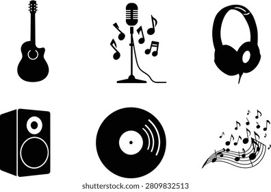 Music equipment silhouette vector set featuring acoustic guitar, microphone, headphones, speaker, vinyl record and musical notes for audio entertainment logo, emblem and sound design