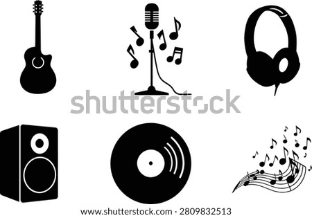 Music equipment silhouette vector set featuring acoustic guitar, microphone, headphones, speaker, vinyl record and musical notes for audio entertainment logo, emblem and sound design