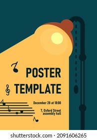 music evening poster banner with bright lamp light