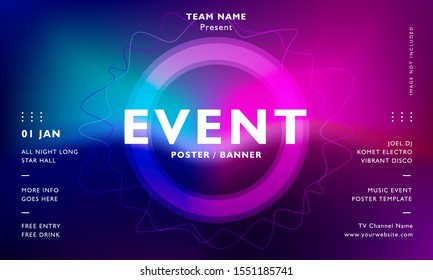 Music event banner design template for digital advertisement, media, and print. Modern gradient poster layout
for concert, festival, band and party. Publication and promotion vector illustration.