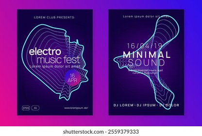 Music Event. Blue Fest Design. Psychedelic Radio Illustration. Electro Invite. Discotheque Poster. Dance Trance Element. Violet Party Background. Green Music Event