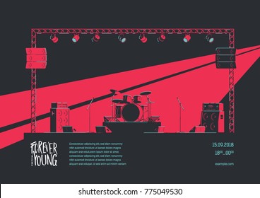 Music Event Design Concept. Music Stage Equipment Flat Illustration. Rock Poster Template With Drums And Guitar Amplifiers On Stage.