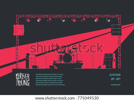 Music Event Design Concept. Music Stage Equipment Flat Illustration. Rock Poster Template with Drums and Guitar Amplifiers on Stage.