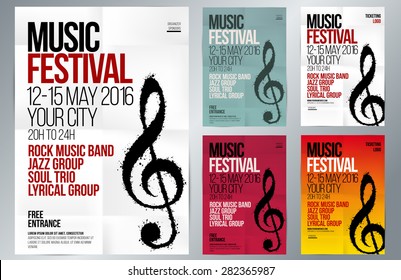 Music event design. Suitable for poster, promotional flyer, invitation, banner or magazine cover. Set of templates with various colors. Background texture folded paper. Vector. Editable by layers.