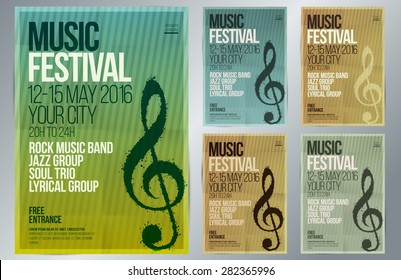 Music event design. Suitable for poster, promotional flyer, invitation, banner or magazine cover. Set of templates with vintage colors. Background texture folded paper. Vector. Editable by layers.