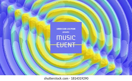 Music event flyer or banner. Party design with place for text. 3D wavy background with ripple effect. Vector illustration with particle. 