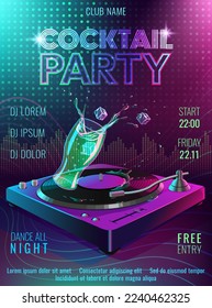 Music event flyer template with a record player, cocktail and neon lights on the background