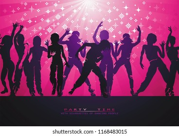 Music event illustration. Dancing disco people. Elegant template with young detailed silhouette of girl. Vector background for print
