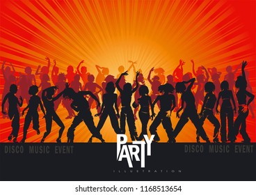 Music event illustration. Dancing disco people. Elegant template with young detailed silhouette of girl. Vector background for print