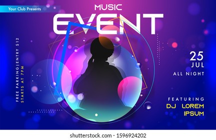 Music Event Invitation, Banner or Flyer Design with Silhouette Female on Purple and Blue Abstract Bokeh Background.