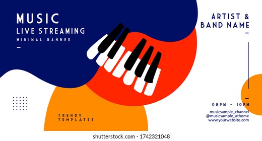 Music Event Live Streaming Banner Templates. Trendy Stylish Abstract Geometric Glitch Background Layout With Piano Instrument For Publication And Print. Stay At Home During A Pandemic With A Music